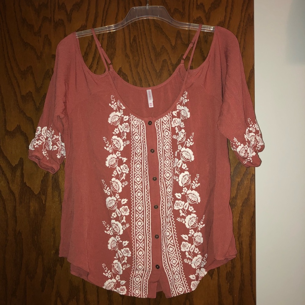 Rust colored open shoulder boho top
